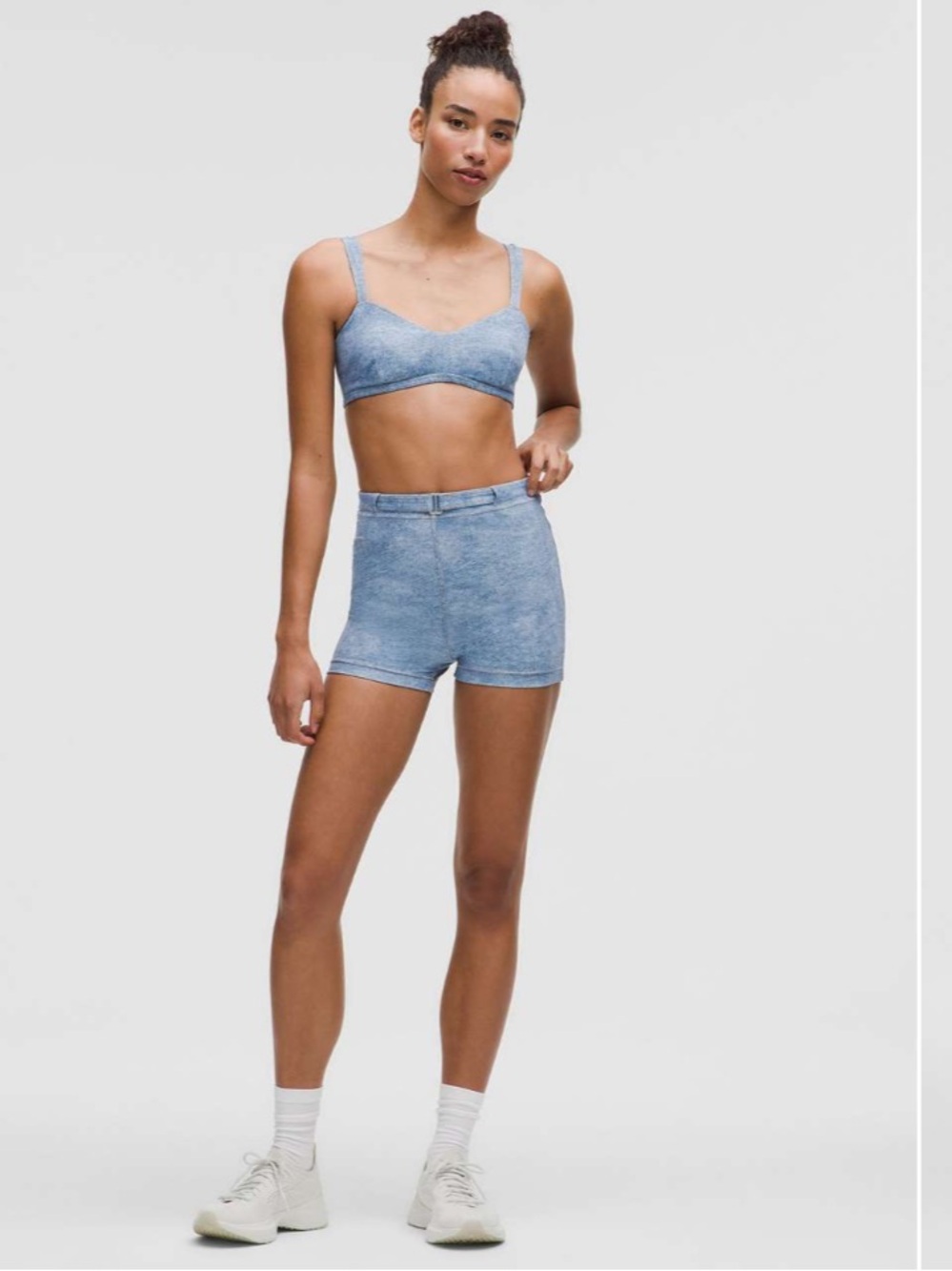 Lululemon Everlux shorts & top Denim Dreams Stone Twill Light Blue Multi NWOT